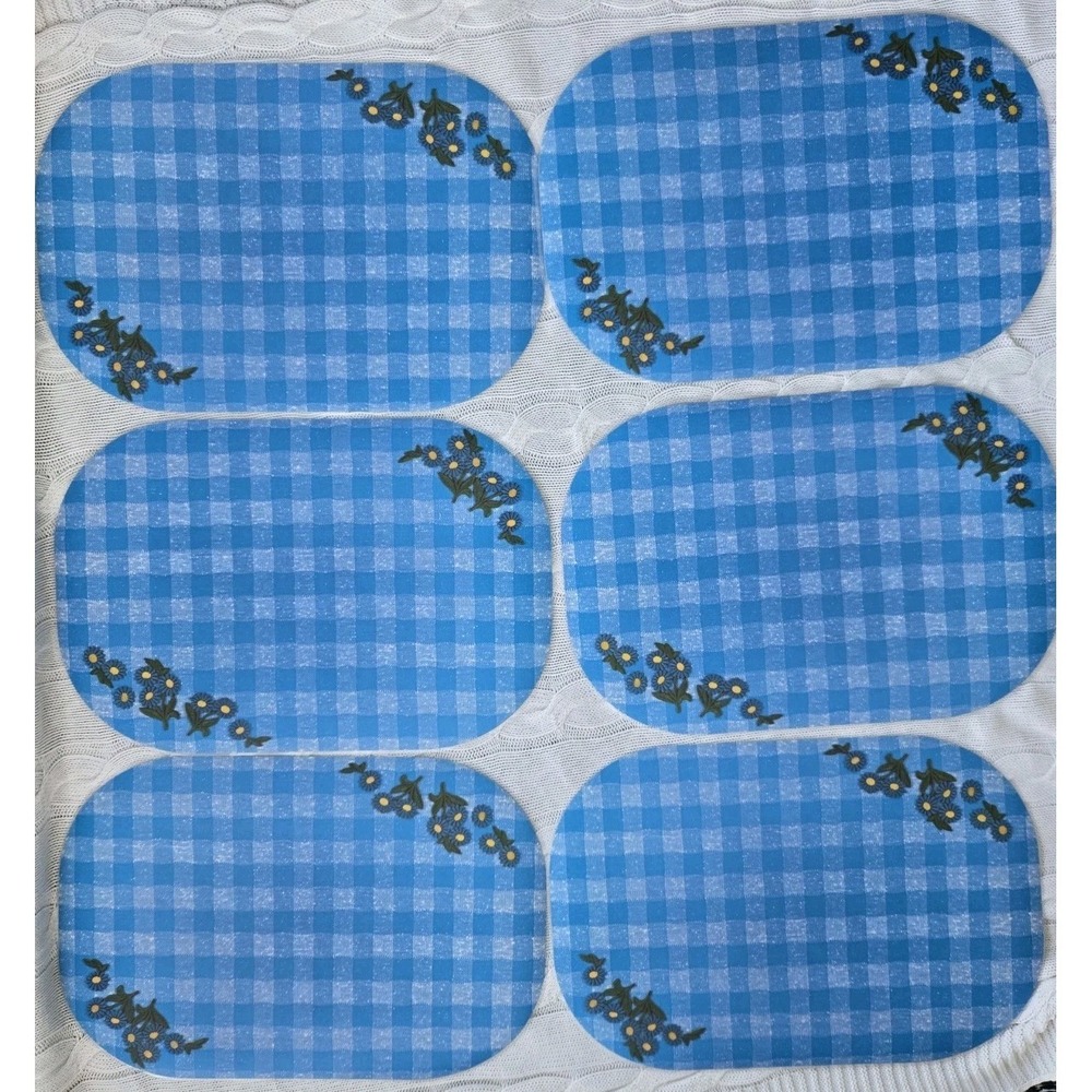 VTG Set of 6 Reversible Oval Laminated Placemats Blue Gingham Daisy Floral w/box